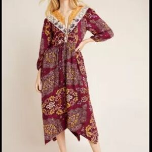 Bohemian Floral Dress with Embroidered Neckline